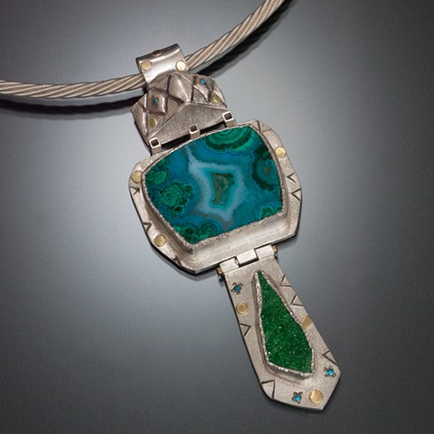 Turquoise and green pendant with silver and 18 karat gold