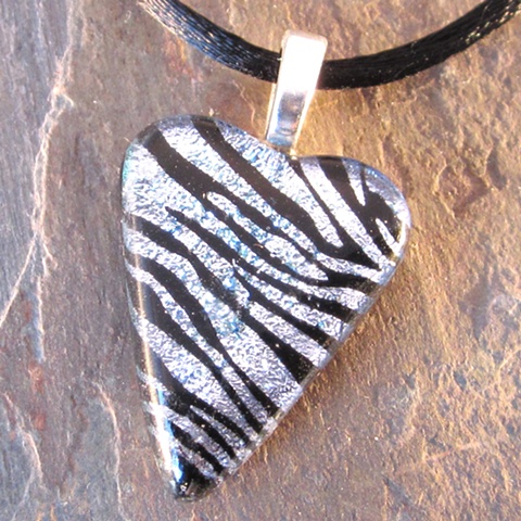 zebra dichroic fused glass heart pendant