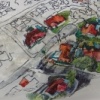 Drawing of urban sprawl development encroaching into desert outside Phoenix, Arizona- one of the largest growing areas in USA. Image taken from National Geographic Special Issue: Changing climate illustrating car centric and water intensive development.