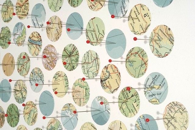 map collage made with pins titled Germinate for the exhibition Fathom at the CMCA in May 2011 by Shannon Rankin