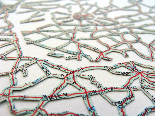 map collage titled Fracture from the Uncharted Series for the exhibition Aggregate at the ICA (MECA) in September 2009 by Shannon Rankin