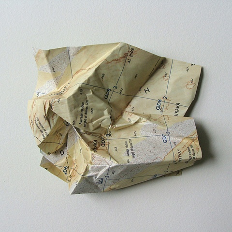 map collage made with map and acrylic paint titled Terrain (Yellow No. 3) for the exhibition Disperse / Displace at Gallery Voss in October 2010 by Shannon Rankin