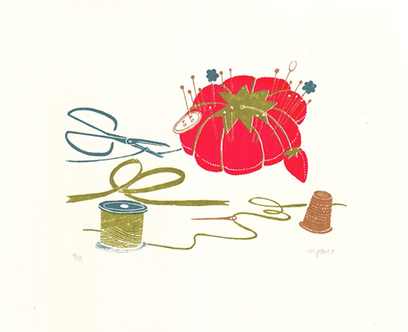sweet, notions,silkscreen,print,pin cushion,snips,thread,pins,button,thimble,ribbon