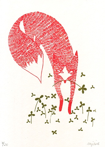 Fox,Clover,silkscreen,greeting,card