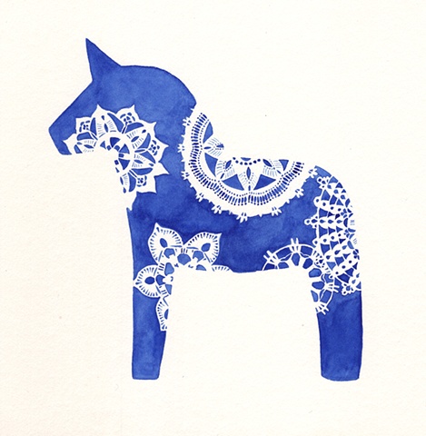Dalah�st Bl�,dala,horse,painting,watercolour,delft,blue,lace,doily,doilies,lacey