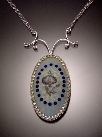 Blue Oval Wallpaper Necklace with Flower